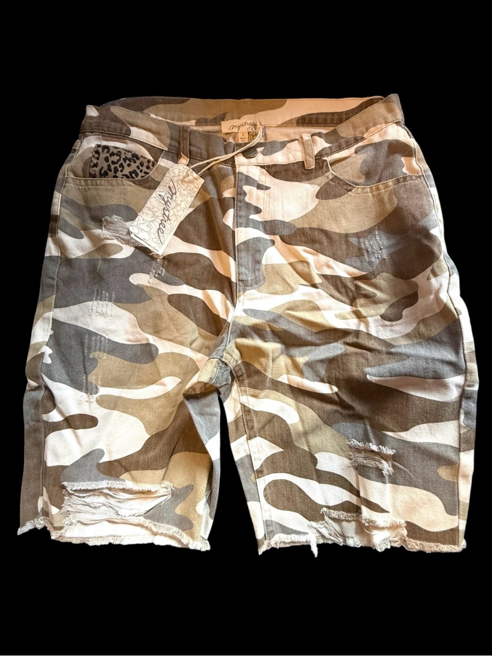 Mystree Distressed Camo Shorts Leopard Pocket Tan Cream Gray Brown Neutrals